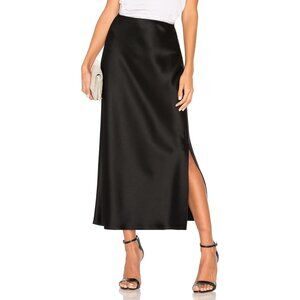 Women's Black Satin Elastic Silk Slip A Line Flowy Ruffle Cocktail Midi Skirt